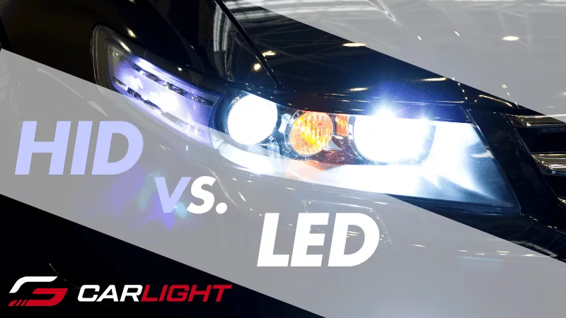 a car headlight with a LED bulb and a HID bulb